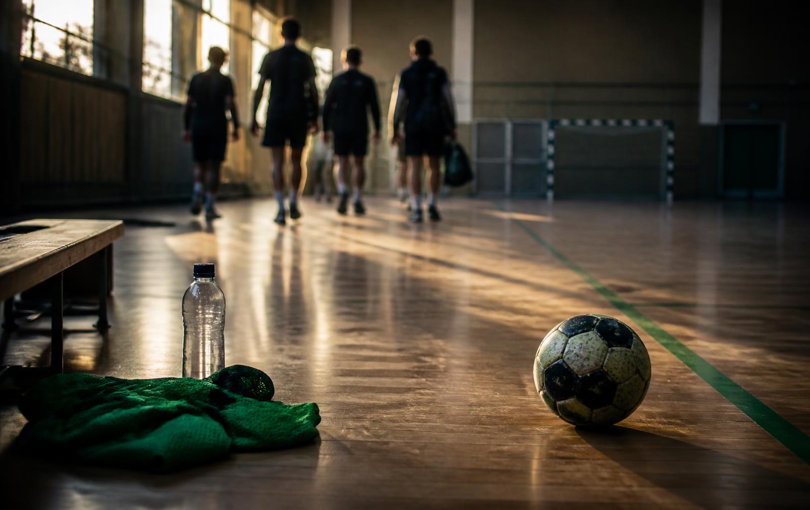 En boll och träningsutrustning ligger kvar när deltagare lämnar sporthallen